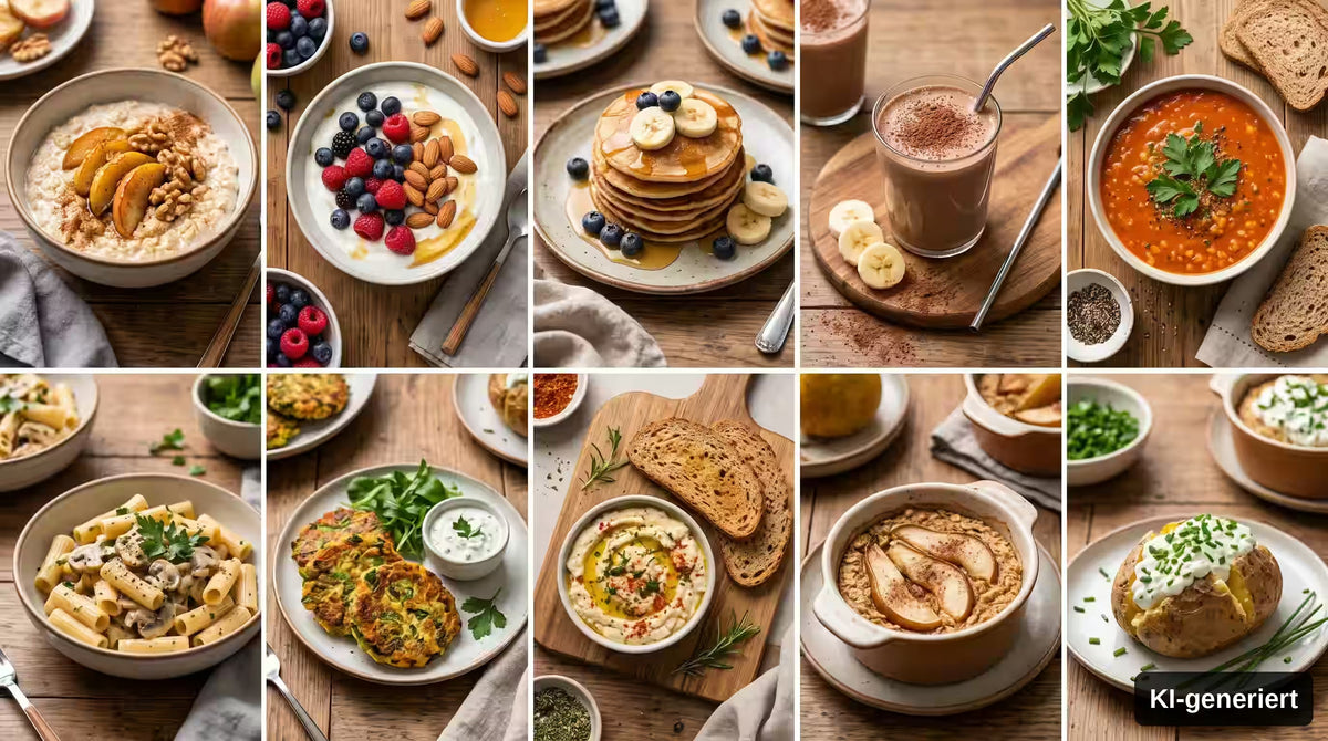KI-generiert. 10 Rezepte mit Mykoproteinpulver für jeden Tag. Kollage mit 10 Zubereitungsvorschlägen.
