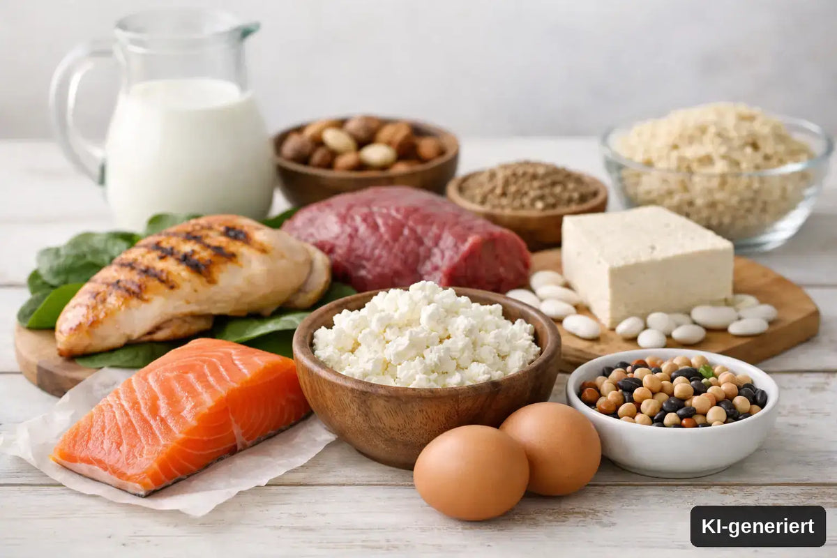 KI-generiert. 5 Proteinquellen für gesundes Altern. Symbolbild mit verschiedenen wenig verarbeiteten Proteinquellen, wie Hähnchenbrust, Lachs, Eiern, Bohnen, Tofu