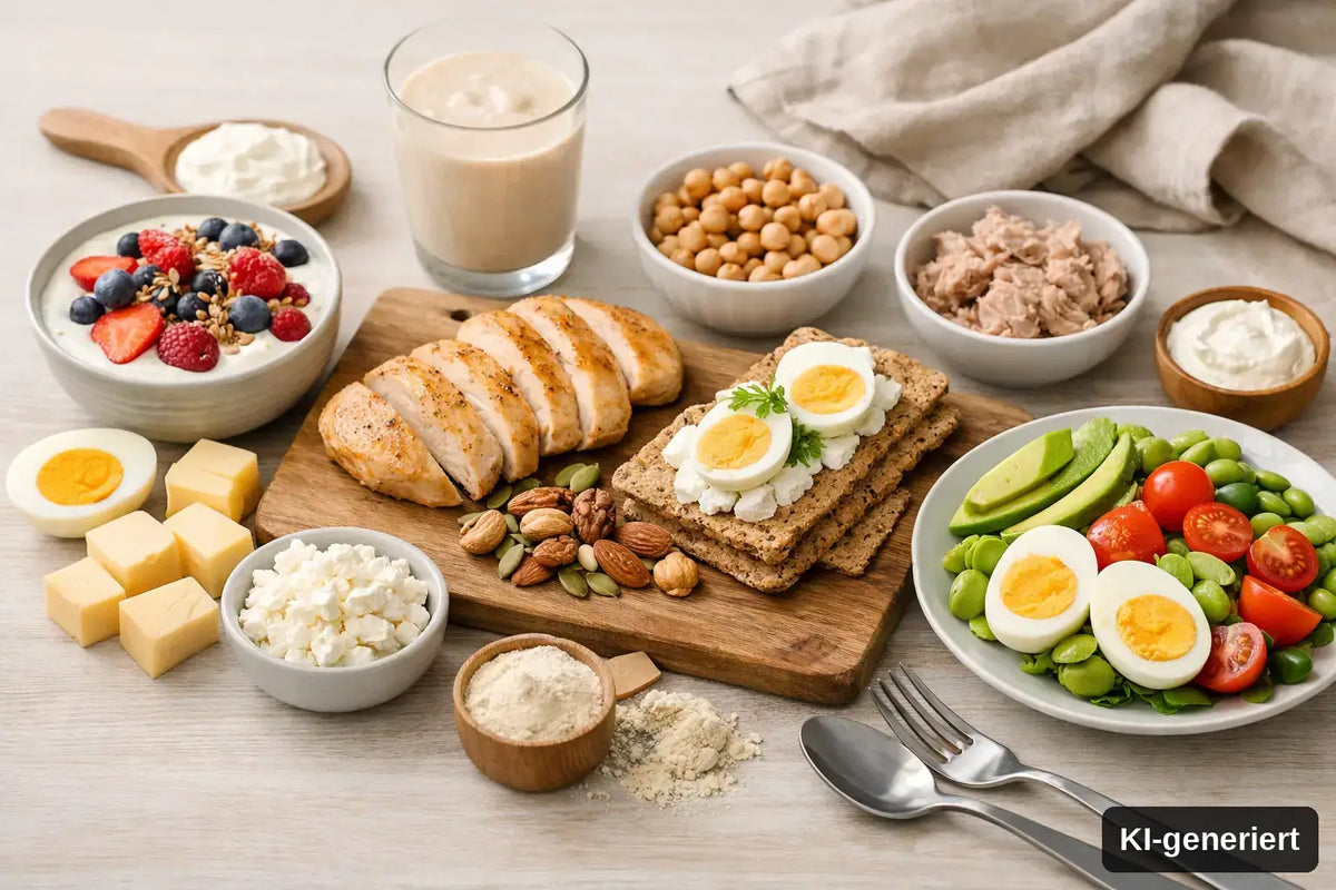 KI-generiert. 8 einfache Proteinhacks ohne Fitnessfokus, Symbolbild mit gesunden Proteinquellen