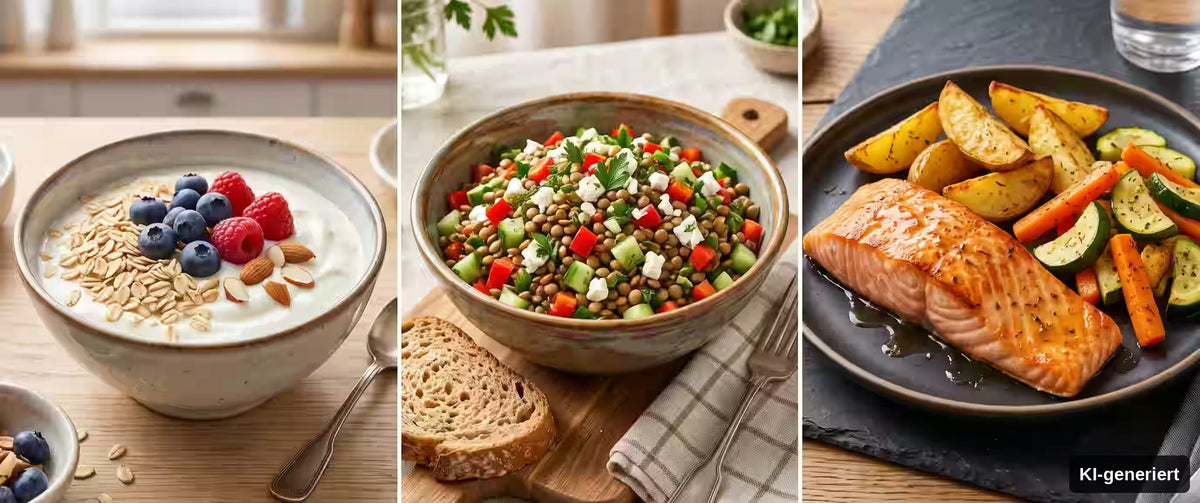KI-generiert. Beispiel-Wochenplan für Proteinreiche Ernährung ab 50 für jeden Tag mit von links nach rechts: Joghurt mit Früchten, Feta-Linsen-Salat und Lachs mit Wedges.