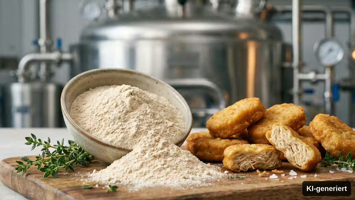 KI-generiert. Eine schematische Darstellung von feinem, beigen Mykoprotein Pulver (links) und Mykoprotein Nuggets (rechts).