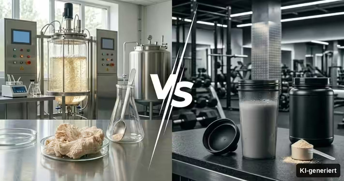 KI-generiert. Symbolbild für eine Gegenüberstellung von Mykoprotein vs Whey Protein. Links ein Fermenter und beiges Pilzprotein in einer Schale. Rechts ein Shaker und ein Spoon Whey-Protein in einem Fitnessstudio