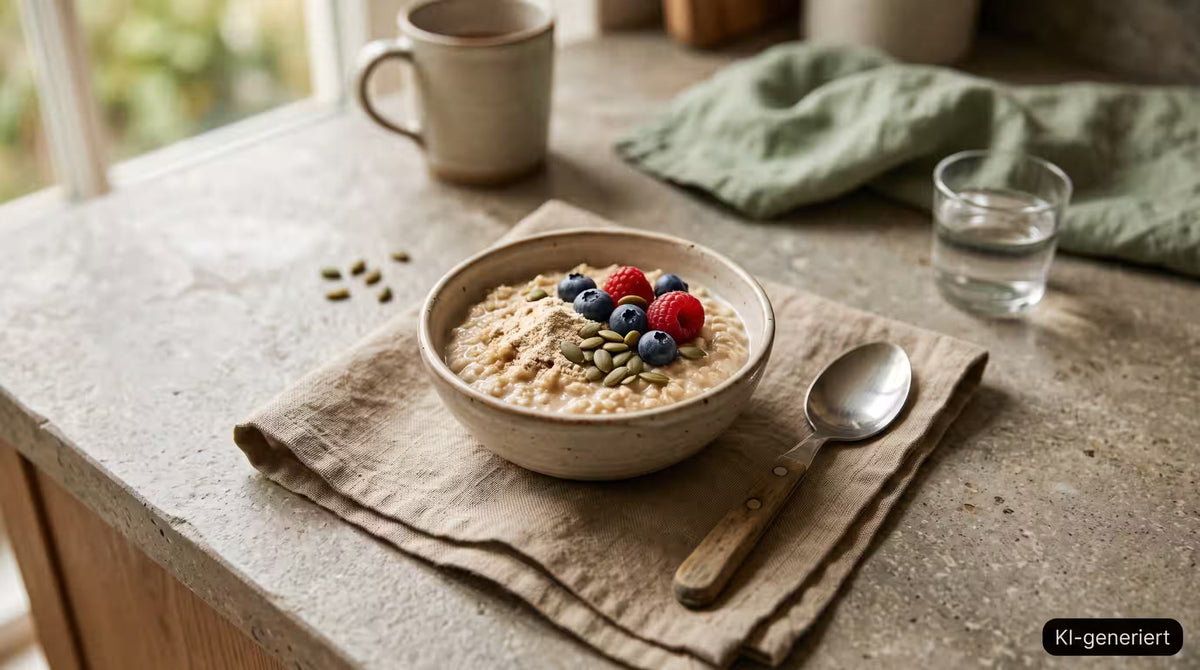 KI-generiert. Eine kleine Portion cremiges Porridge mit Beeren, Kürbiskernen und etwas Proteinpulver in einer Keramikschale auf einer Küchenarbeitsplatte, fotografiert im warmen natürlichen Licht.