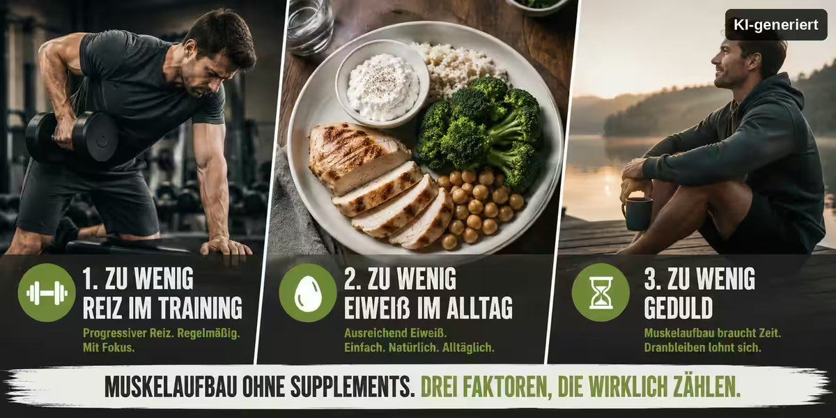 KI-generiert. Muskelaufbau ohne Fitness-Supplemente. Übersichtgrafik zur Erklärung der drei Haupttreiber. Viel Reiz im Training, viel Eiweiß im Alltag, Geduld