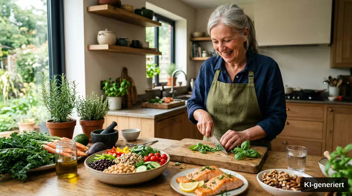 KI-generiert. Longevity Ernährung, wie Protein und Ballaststoffe gesundes Altern unterstützen. Eine ältere Frau kocht ein gesundes, abwechslungsreiches Essen. 