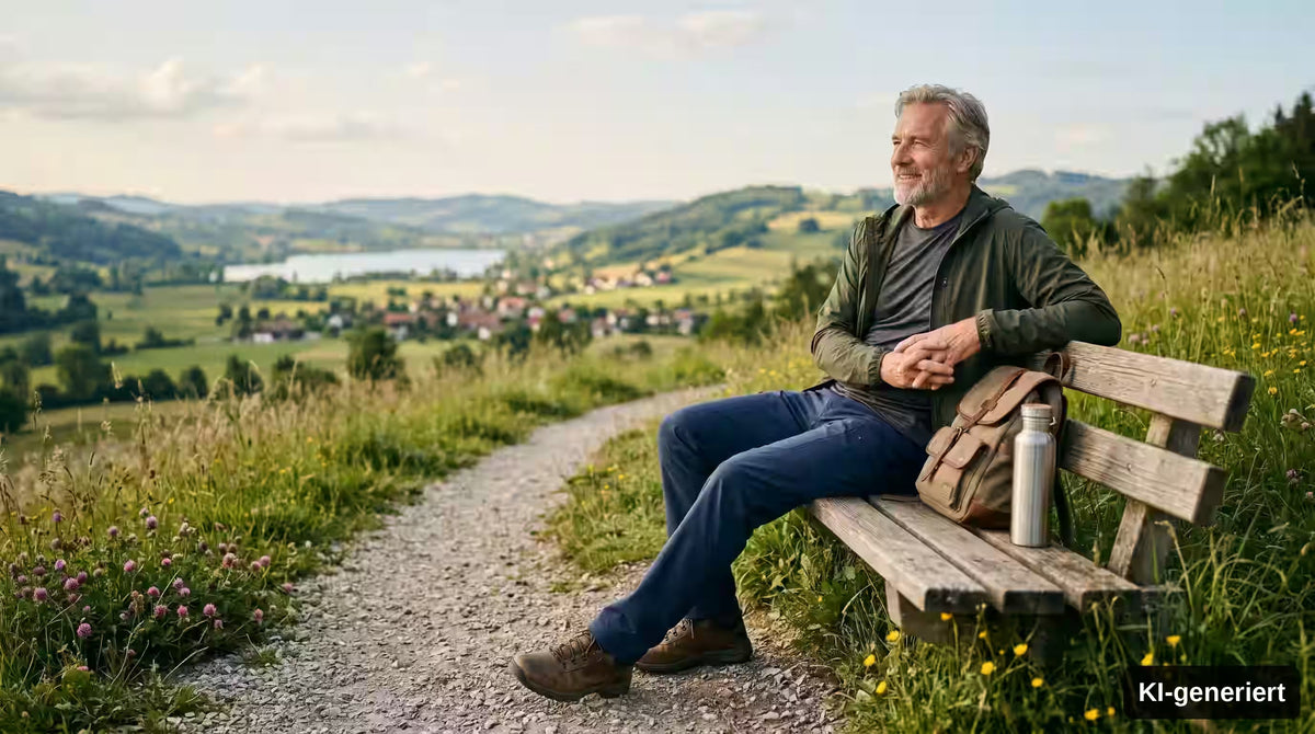KI-generiert. Älterer Mann sitzt auf einer Bank und genießt den Blick in die Ferne. 