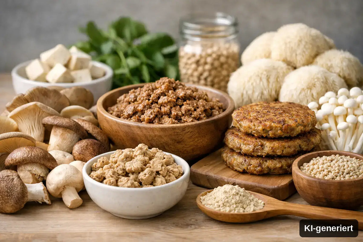KI-generiert. Pilzprotein als alternative Proteinquelle: Was ist Mykoprotein? Symbolbild für Mykoprotein mit verschiedenen Pilzen und Verarbeitungsformen.