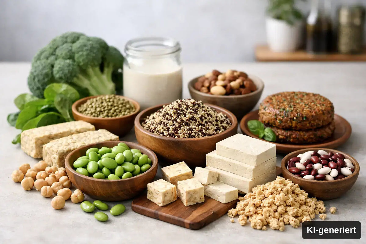 KI-generiert. 8 alternative Proteinquellen für Veganer im Alltag. Symbolbild mit verschiedenen veganen Eiweißquellen, wie Soja, Tofu, Tempeh und Mykoprotein