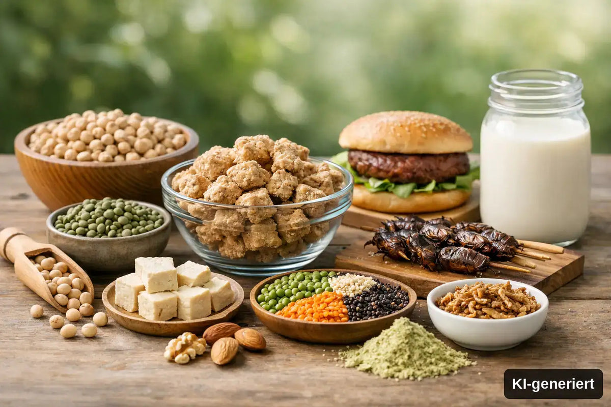 KI-generiert. Alternative Proteinquellen und Nachhaltigkeit. Symbolbild verschiedener nachhaltiger Eiweißquellen, wie Soja, Tofu, Tempeh, Insekten und Mykoprotein.