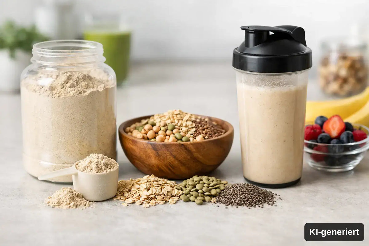 KI-generiert. Ballaststoffreiches Proteinpulver im Alltag. Symbolbild mit verschiedenen proteinreichen Zutaten, die gleichzeitig viel Ballaststoffe haben. 