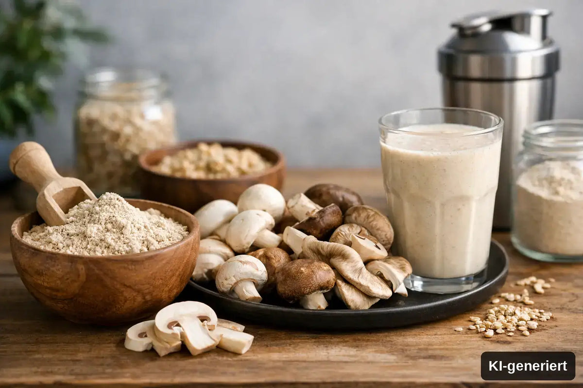 KI-generiert. Eignet sich Pilzprotein täglich für dich? Symbolbild verschiedener Zubereitungsformen von Pilzprotein.