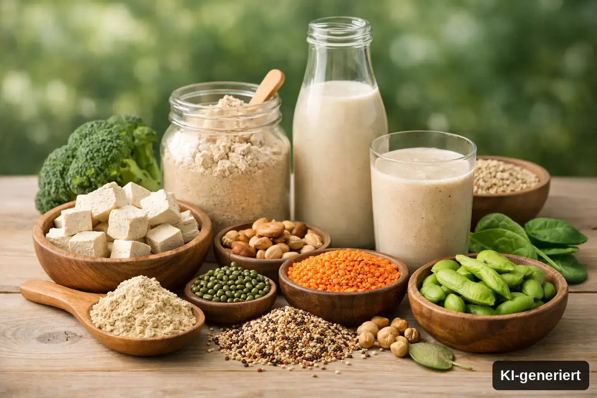 KI-generiert. Essentielle Aminosäuren in pflanzlichem Protein. Symbolbild von verschiedenen pflanzlichen Proteinquellen. 