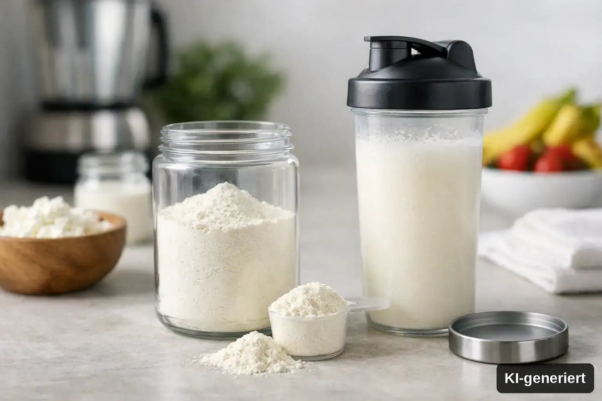 KI-generiert. Geschmacksneutrales Proteinpulver im Alltag. Symbolbild mit Pulver und Shaker. 