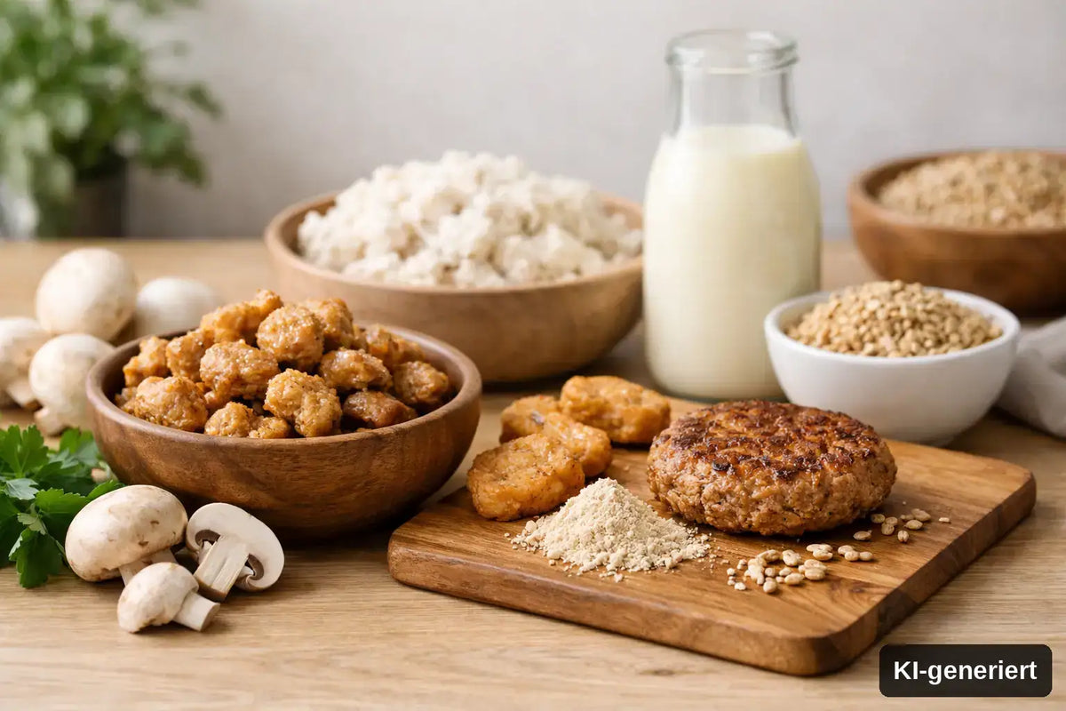 KI-generiert. Ist Mykoprotein gut verträglich? Das solltest du wissen. Symbolbild mit verschiedenen Verarbeitungsformen von Mykoprotein.