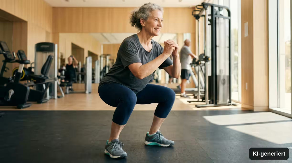KI-generiert. Frau trainiert in einem Fitnessstudio mit Körpergewicht und macht Squats.