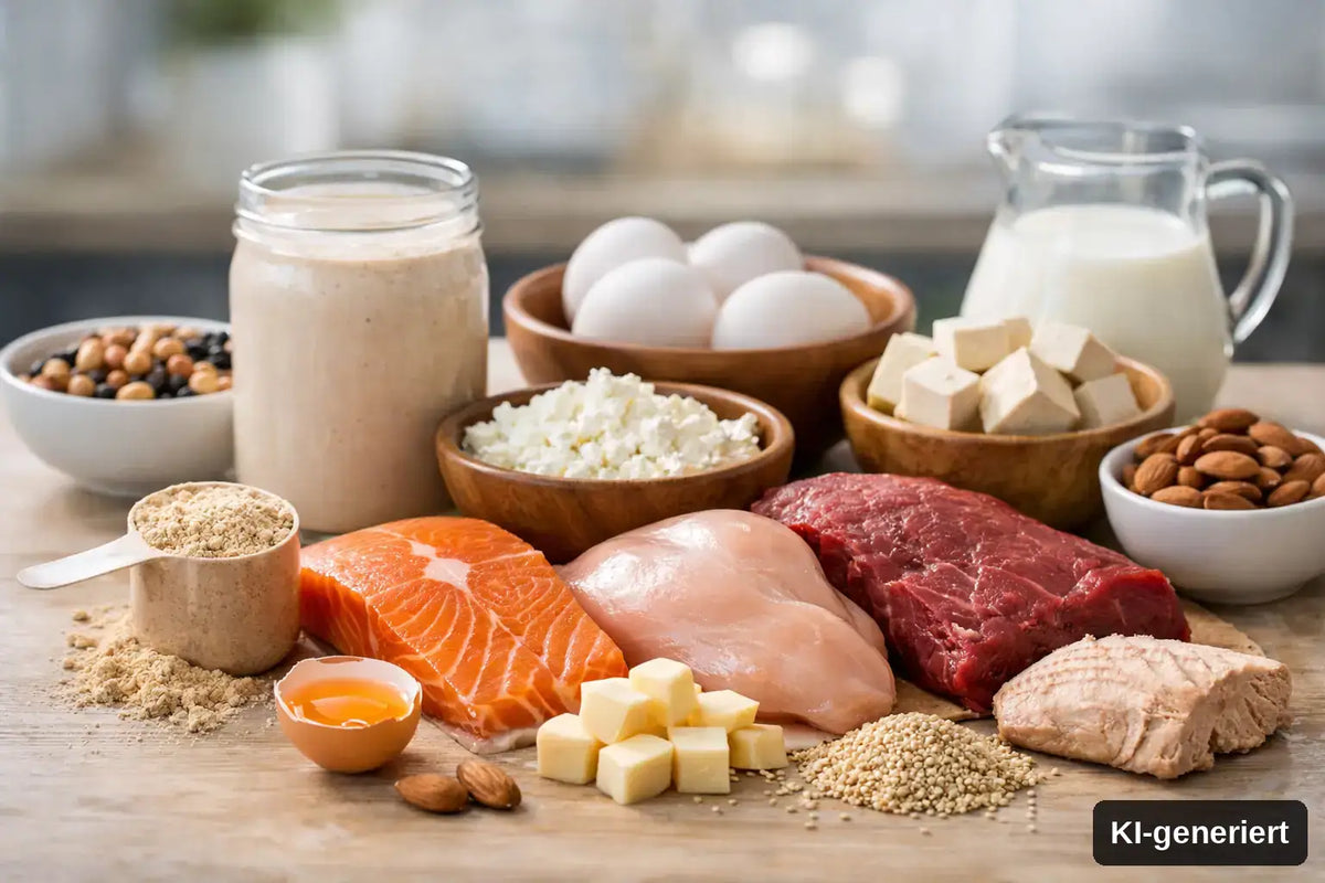 KI-generiert. Leitfaden für Proteinqualität: Worauf es bei Protein ankommt. Symbolbild mit verschiedenen Proteinquellen, wie Lachs, Hähnchen, Eier, Nüsse und Hüttenkäse