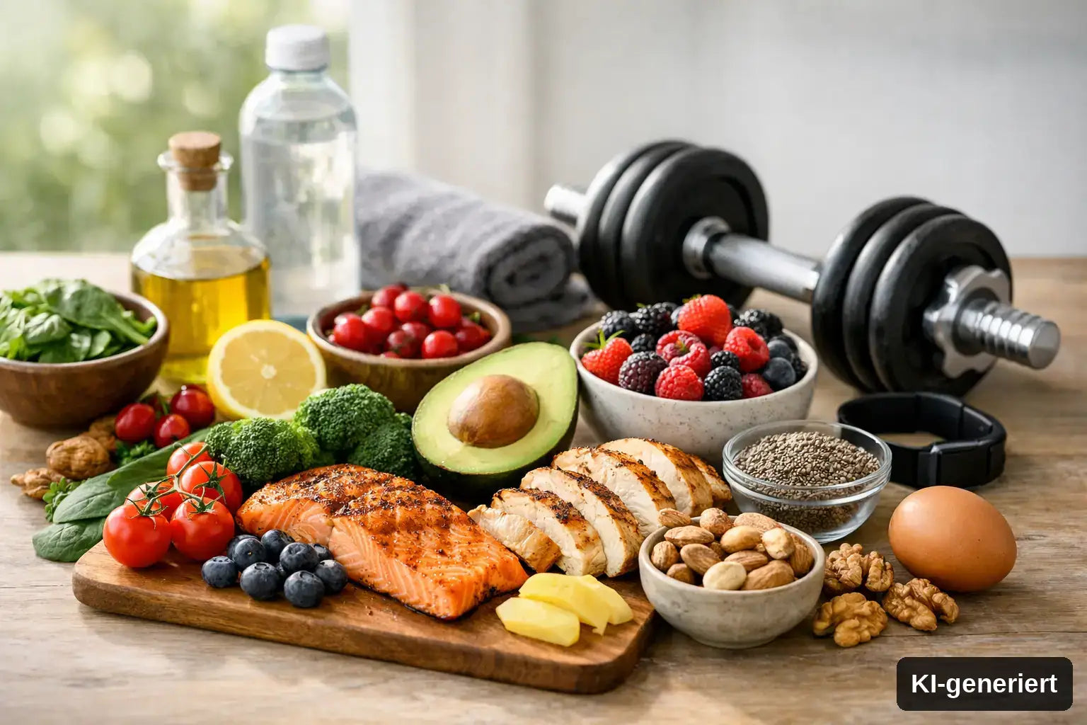 KI-generiert. Longevity Ernährung für Kraft und Vitalität. Symbolbild mit mehreren gesunden Protein-, Fett- und Ballaststoffquellen und einer Hantel.