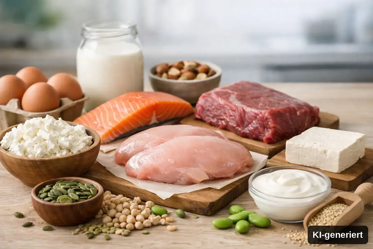 KI-generiert. Minimal verarbeitete Proteinquelle im Alltag. Symbolbild mit mehreren Proteinreichen Lebensmitteln