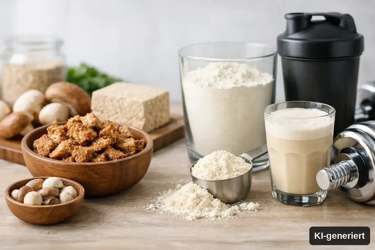 KI-generiert. Mykoprotein oder Whey: Was passt zu dir? Symbolbild zum Vergleich von Mykoprotein vs Whey, links Mykoprotein und Pilze, rechts Whey, ein Shaker und eine Hantel.