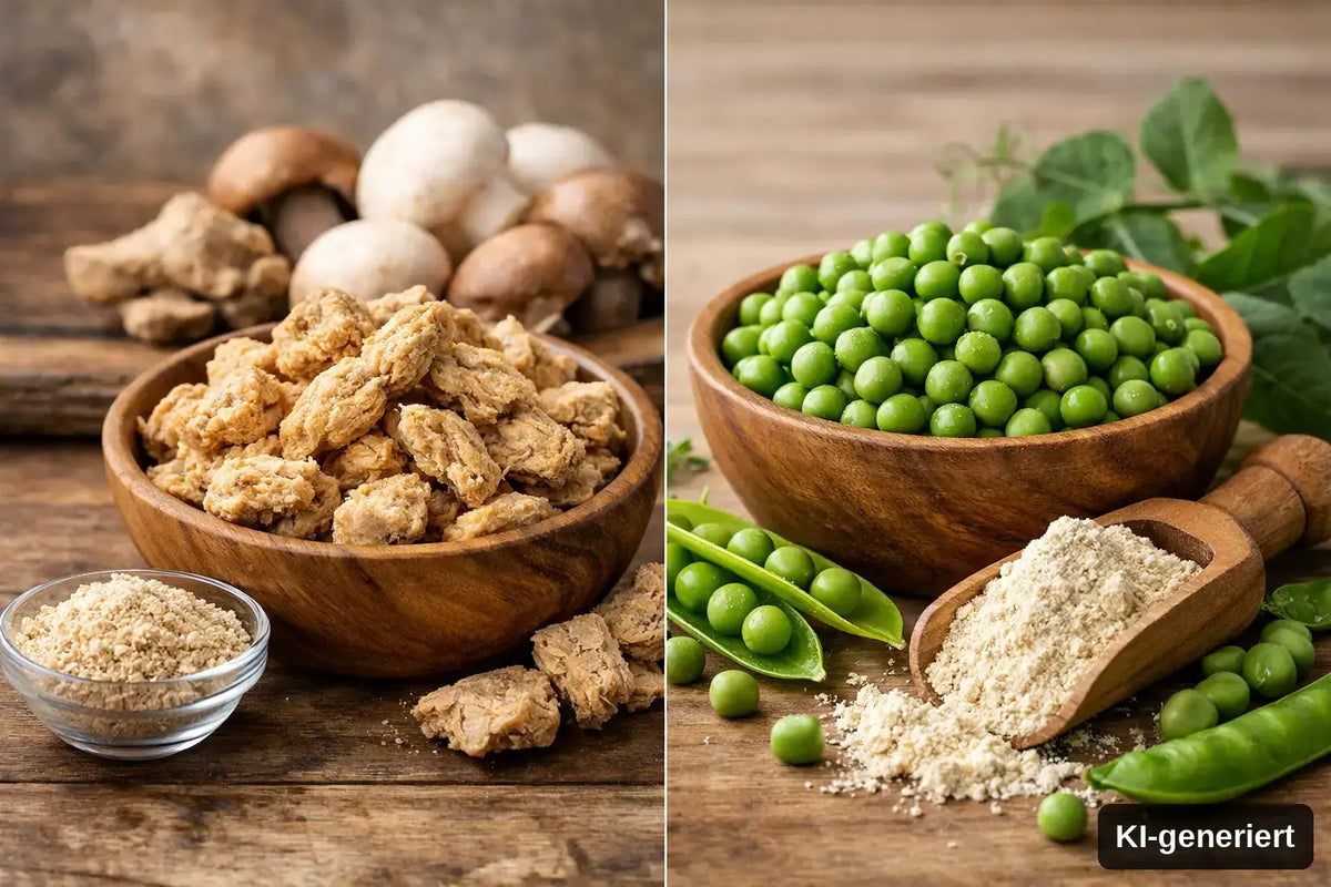 KI-generiert. Mykoprotein vs. Erbsenprotein: Welches Protein passt besser zu dir? Symbolbild mit auf der linken Seite Mykoprotein in verschiedenen Formen und rechts Erbsenprotein und Erbsen.