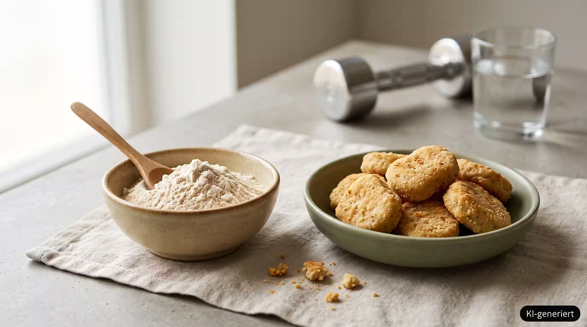 KI-generiert. Nahaufnahme von hellem Mykoprotein-Pulver (links) und Mykoprotein-Nuggets (rechts) in einer Keramikschale auf einem Leinentuch, im unscharfen Hintergrund eine Kurzhantel und ein Glas Wasser