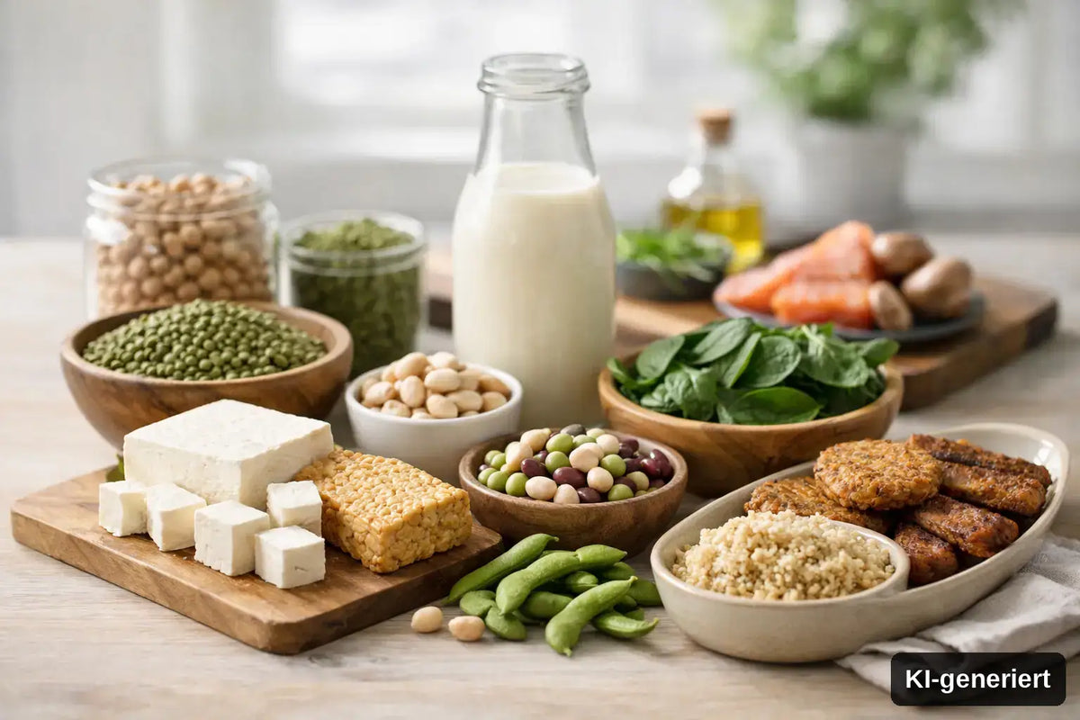KI-generiert. Nachhaltige Proteinquelle im Alltag. Symbolbild von nachhaltigen Eiweißquellen wie Mykoprotein, Erbsen, Bohnen, Soja, Tofu, Tempeh,