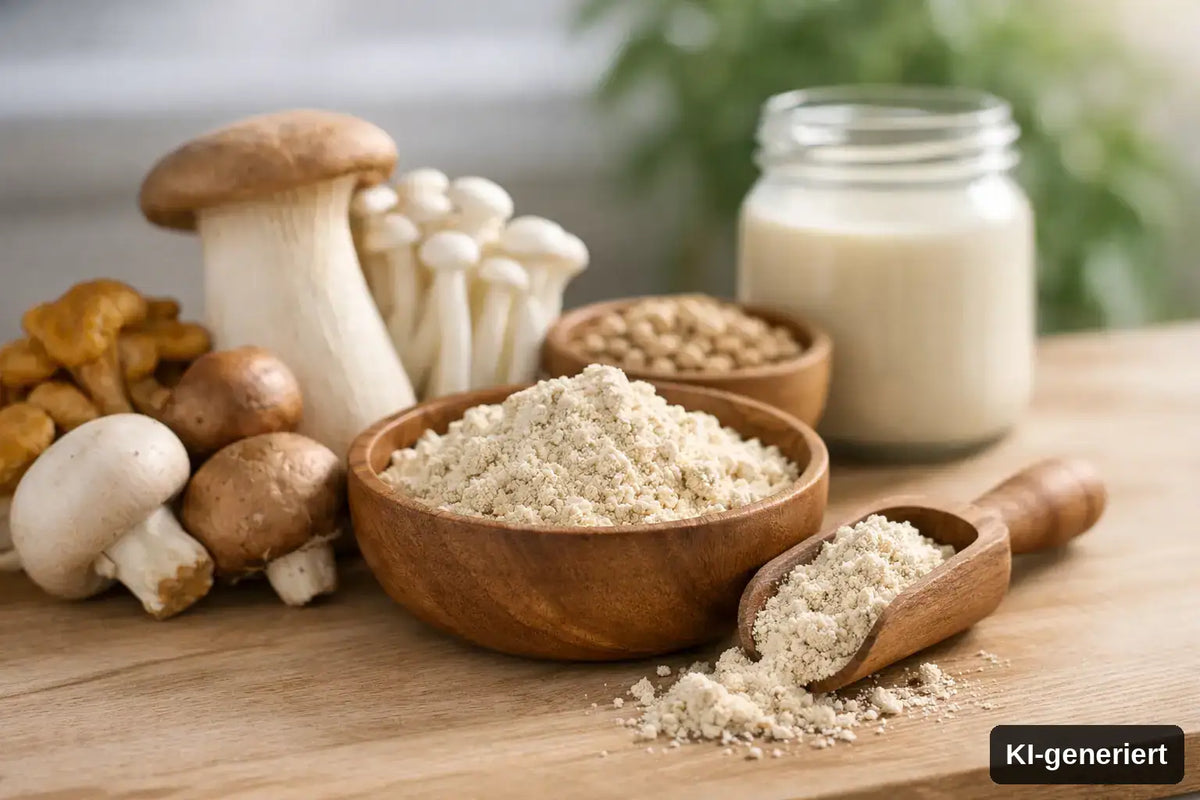 KI-generiert. Natürliches Protein aus Pilzen erklärt. Symbolbild mit verschiedenen Pilzprotein-Produkten und Zubereitungen.