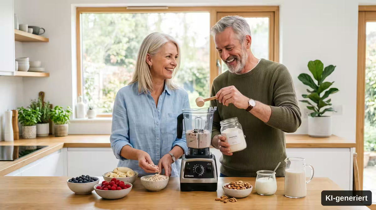 KI-generiert. Gesundes Proteinpulver ab 50 richtig wählen. Älteres Paar mixt einen frischen Eiweißshake mit frischen Zutaten und Pulver.