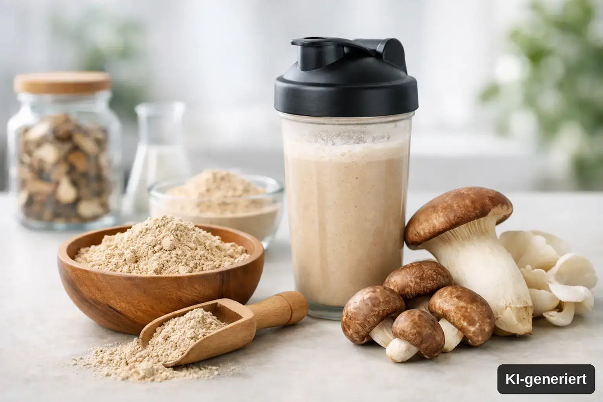 KI-generiert. Pilzprotein kaufen - worauf es wirklich ankommt. Symbolbild mit Pilzen, Shake und Pulver aus Pilzen.