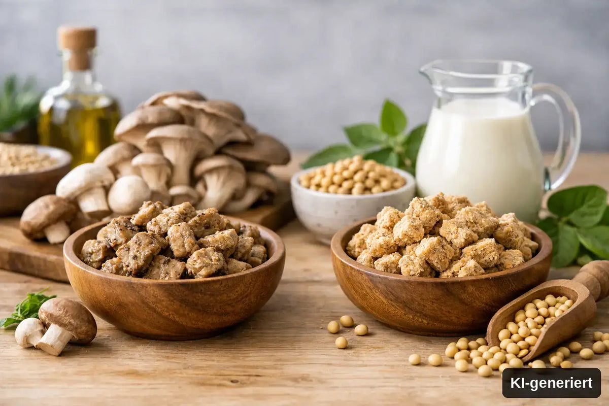 Pilzprotein oder Soja: Was passt besser zu dir? Symbolbild mit links Mykoprotein aus Pilzen und rechts Sojaprotein, Tempeh und Bohnen.