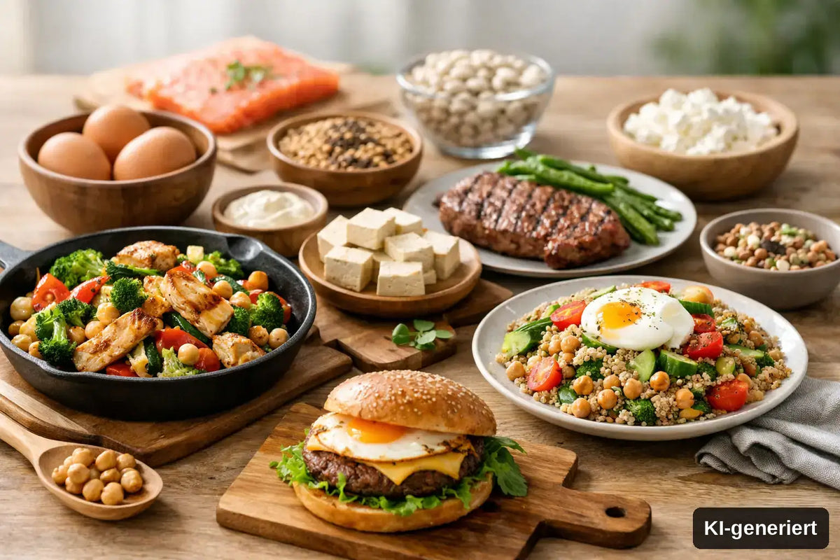 KI-generiert. Proteinreiche Lebensmittel als Gerichte angerichtet, von Ei, Lachs über pflanzliche Alternativen.