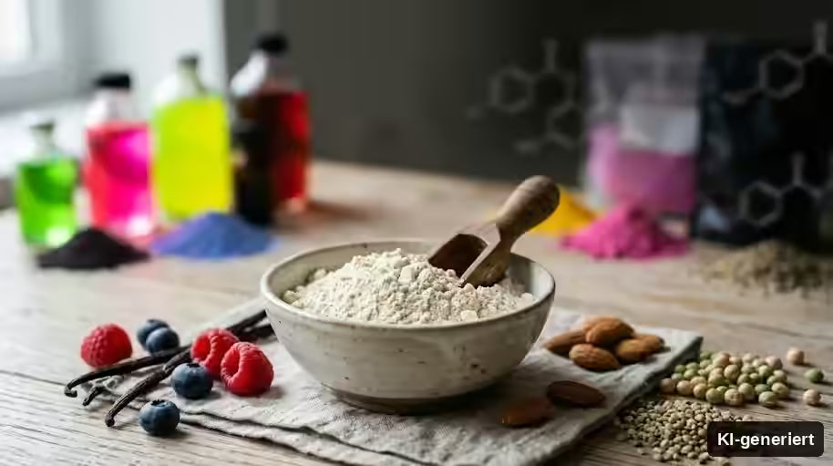 KI-generiert. Proteinpulver ohne Zusätze als Symbolbild mit verschiedenen Chemikalien im Hintergrund. 