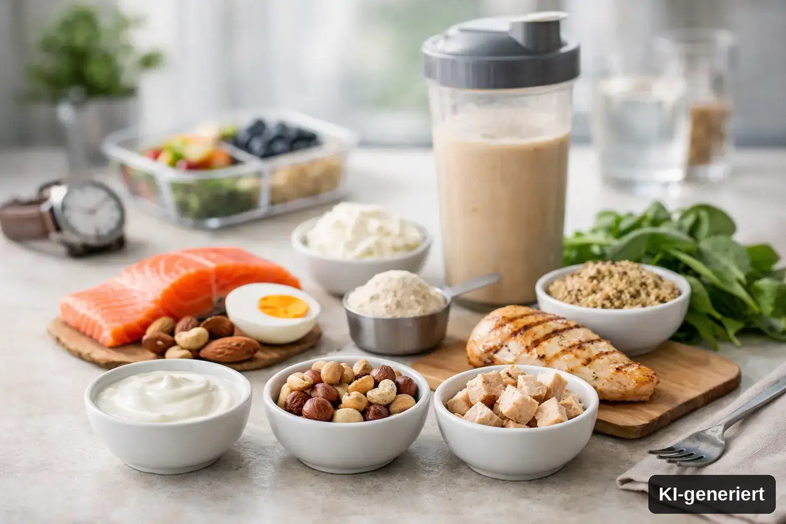 KI-generiert. Proteinmenge im Alltag verteilen leicht gemacht. Symbolbild mit verschiedenen Proteinquellen, wie Lachs, Ei, Hähnchen und Proteinpulver.
