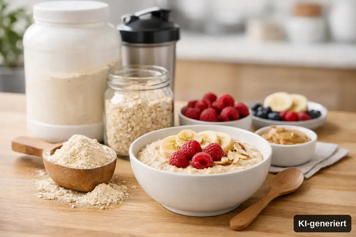 KI-generiert. Proteinpulver für Porridge richtig wählen. Symbolbild mit mehreren Zutaten und einer Schüssel Porridge