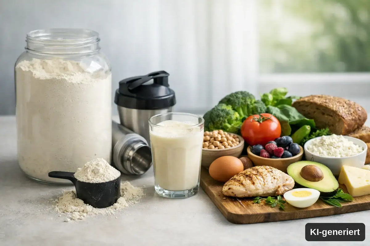 KI-generiert. Proteinpulver oder vollwertige Lebensmittel? Symbolbild links Proteinpulver, rechts gesunde Zutaten wie Ei, Avocado, Käse und Gemüse.