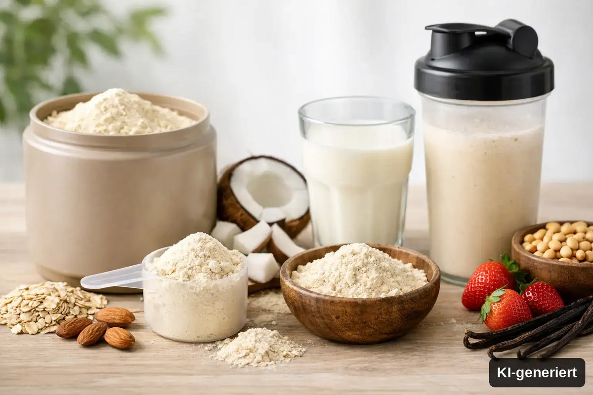 KI-generiert. Proteinpulver ohne Süßstoffe im Check. Verschieden Proteinprodukte mit natürlichen Geschmacksstoffen als Symbolbild. 