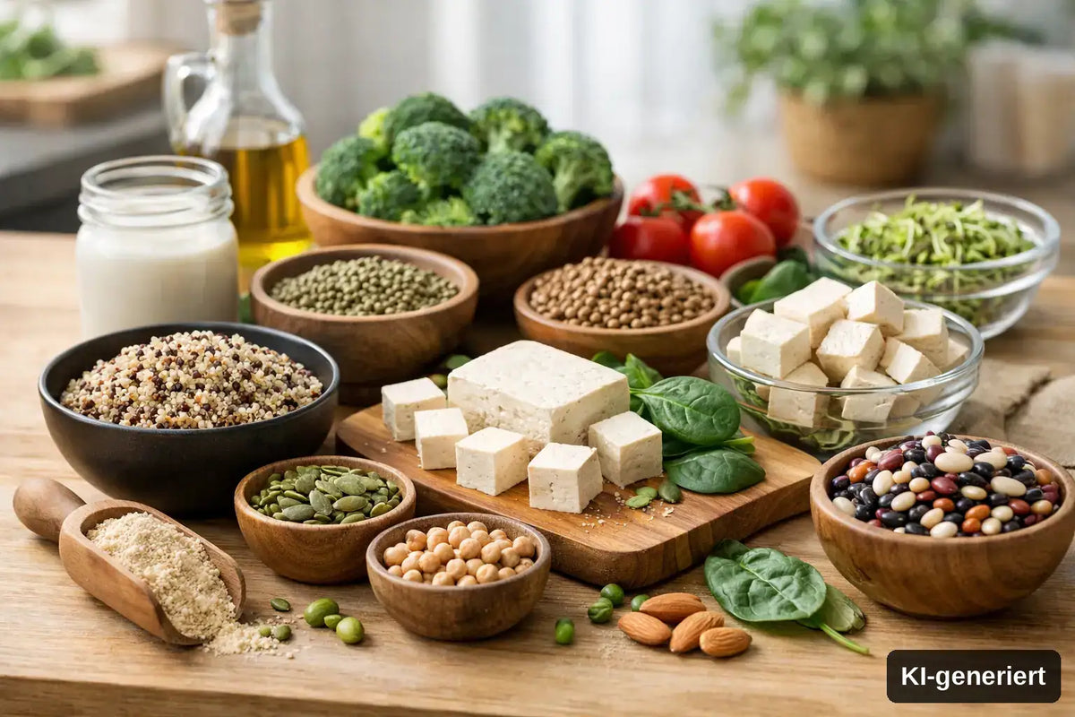 KI-generiert. Proteinqualität pflanzlich verbessern im Alltag. Symbolbild verschiedener pflanzlicher Proteinquellen, wie Linsen, Bohnen, Tofu, Tempeh und Mykoprotein