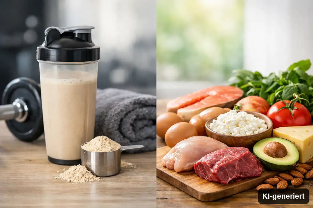KI-generiert. Proteinshake oder echte Zutat - was zählt im Alltag? Symbolbild links ein Shake mit Hantel im Hintergrund, rechts gesunde, rohe Proteinquellen
