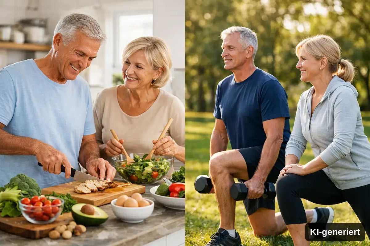 KI-generiert. Sarkopenie im Alltag vorbeugen mit Ernährung. Symbolbild mit rechts einem älteren Paar beim Kochen und links das selbe Paar beim Sport machen.