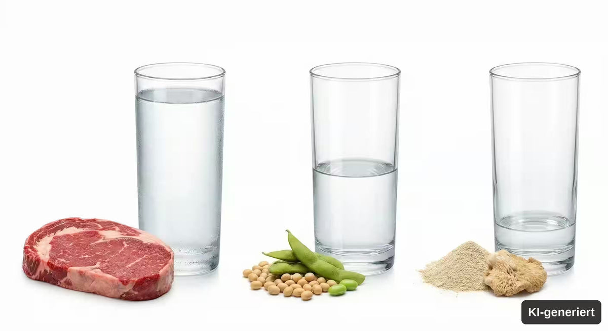 KI-generiert. Mykoprotein benötigt besonders wenig Wasser. Symbolbild mit drei verschieden hoch gefüllten Gläsern. Von links nach rechts, hoch gefüllt und ein Stück Rind davor, halb gefüllt und Sojabohnen davor, fast nicht gefüllt und Mykoprotein davor.
