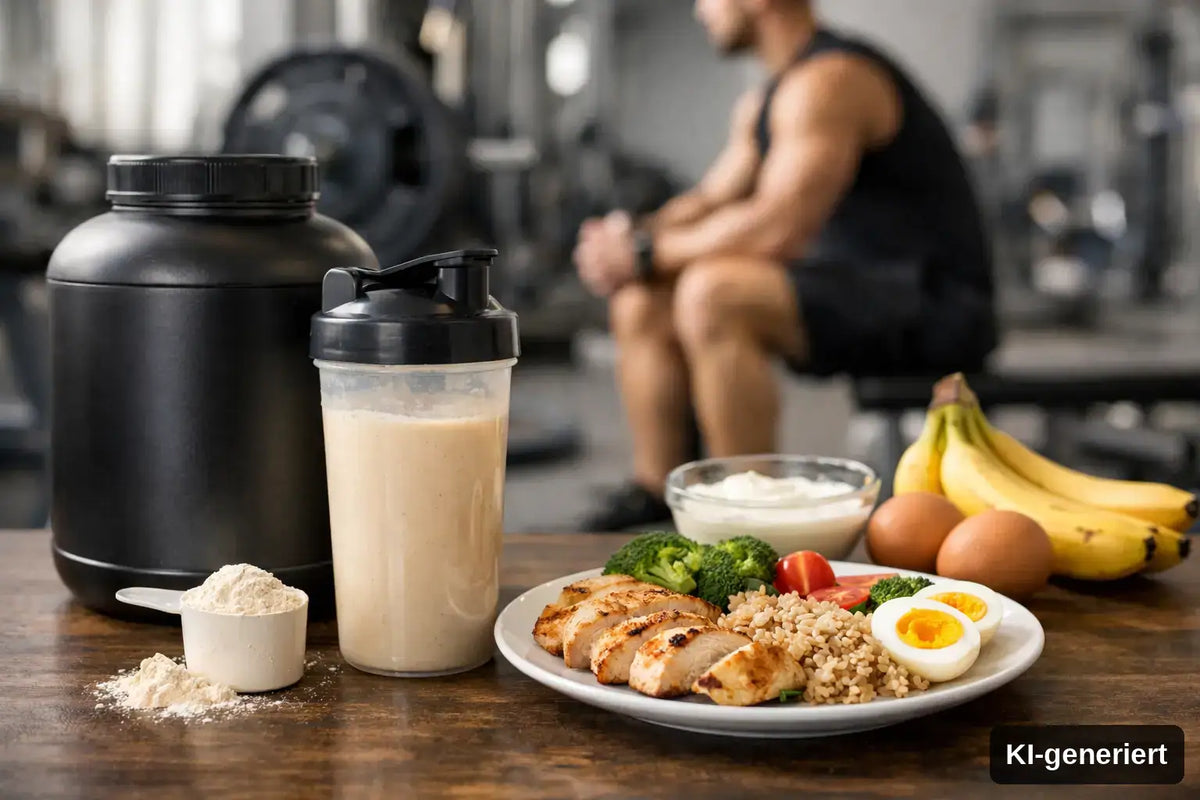 KI-generiert. Protein nach dem Krafttraining: Wann solltest du Eiweiß essen? Symbolbild mit links Eiweißshake und rechts Hähnchenbrust, Eier und Salat. Im Hintergrund ist eine Person in einem Fitnessstudio zu sehen.