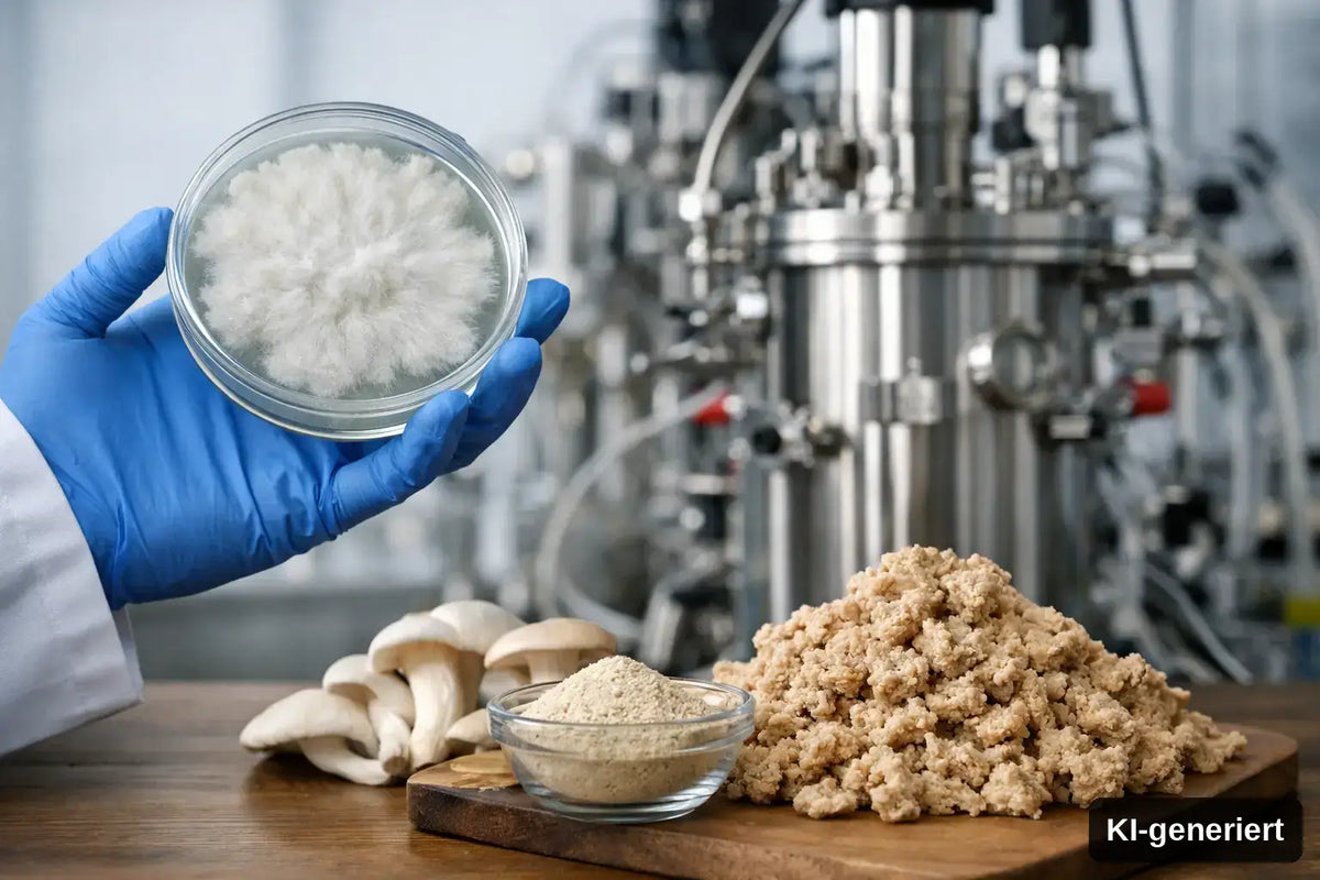 KI-generiert. Wie entsteht Mykoprotein aus Myzel wirklich? Symbolbild mit links Petrischale mit Myzel, rechts Mykoprotein-Formulierungen und im Hintergrund ein Fermenter.
