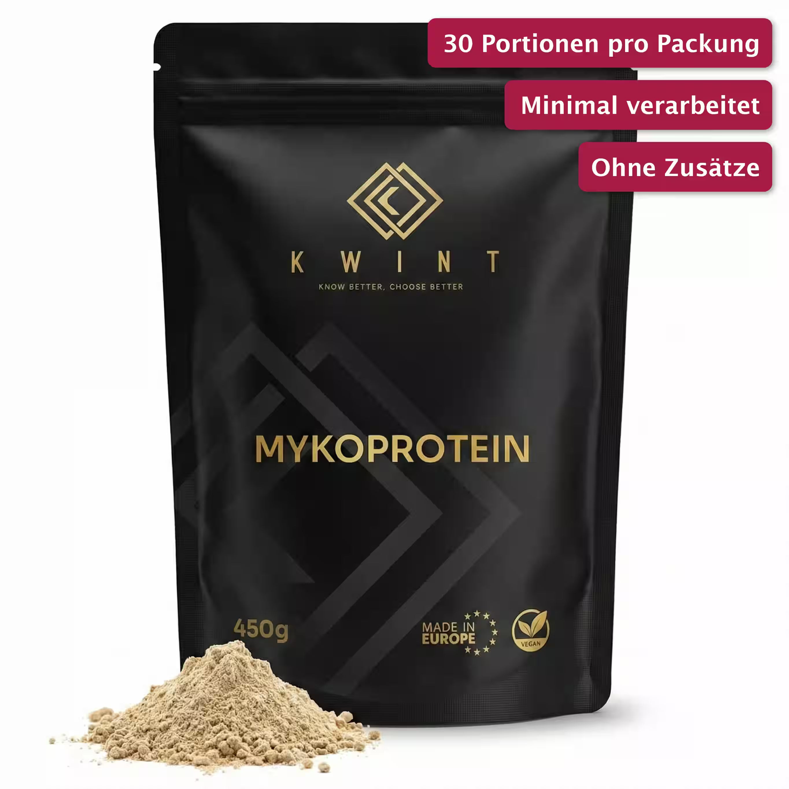 Großaufnahme der schwarzen Kwint Mykoprotein Packung, 3 Claims mit rotem Rand oben rechts: 30 Portionen pro Packung; Minimal verarbeitet; Ohne Zusätze