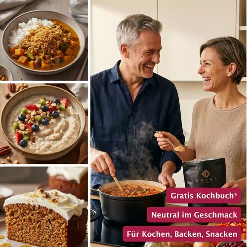 Collage von kochendem Paar, das Chili zubereitet, Kürbiscurry mit Tofu-Topping, Porridge mit Früchten und einem Kuchen mit hellem Frischkäse-Topping