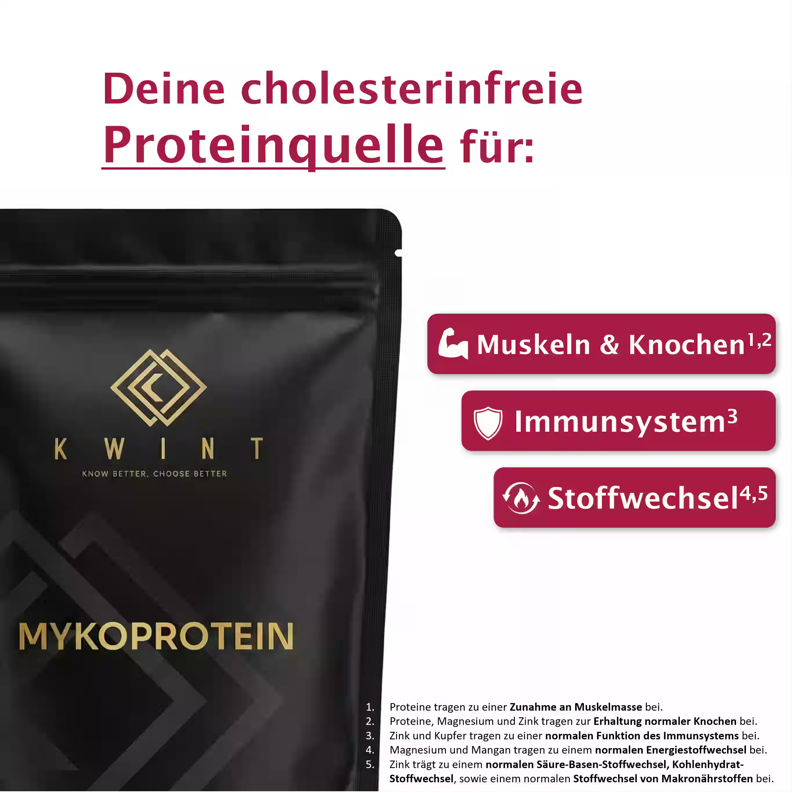 Großaufnahme der Packung mit dem Titel: Deine cholesterinfreie Proteinquelle für Muskeln & Knochen, Immunsystem und Stoffwechsel. 