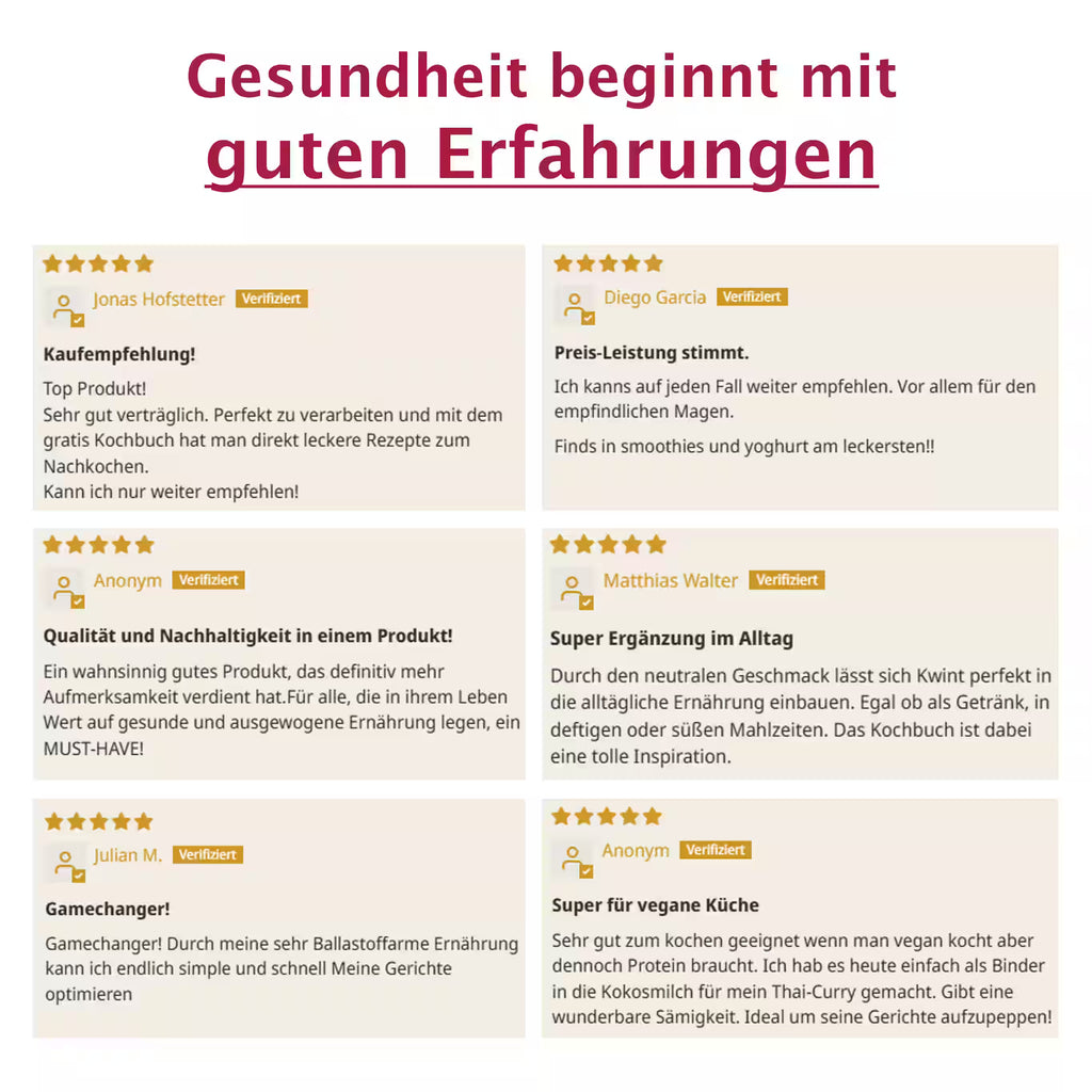 Collage von 6 exemplarischen 5-Sterne Bewertungen mit den Überschriften: "Kaufempfehlung!"; "Preis-Leistung stimmt."; "Qualität und Nachhaltigkeit in einem Produkt!"; "Super Ergänzung im Alltag"; "Gamechanger!"; "Super für vegane Küche"