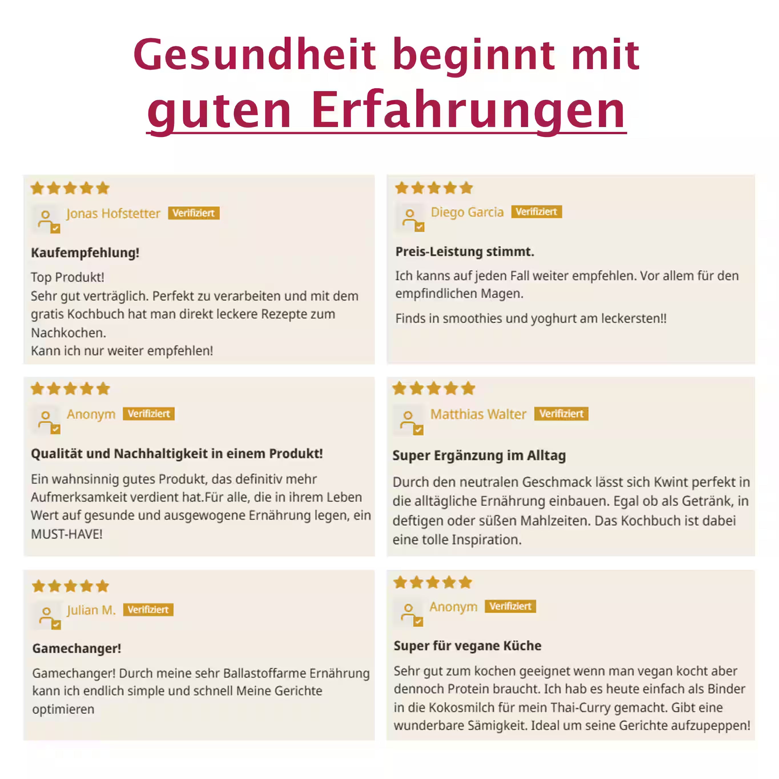Collage von 6 exemplarischen 5-Sterne Bewertungen mit den Überschriften: "Kaufempfehlung!"; "Preis-Leistung stimmt."; "Qualität und Nachhaltigkeit in einem Produkt!"; "Super Ergänzung im Alltag"; "Gamechanger!"; "Super für vegane Küche"
