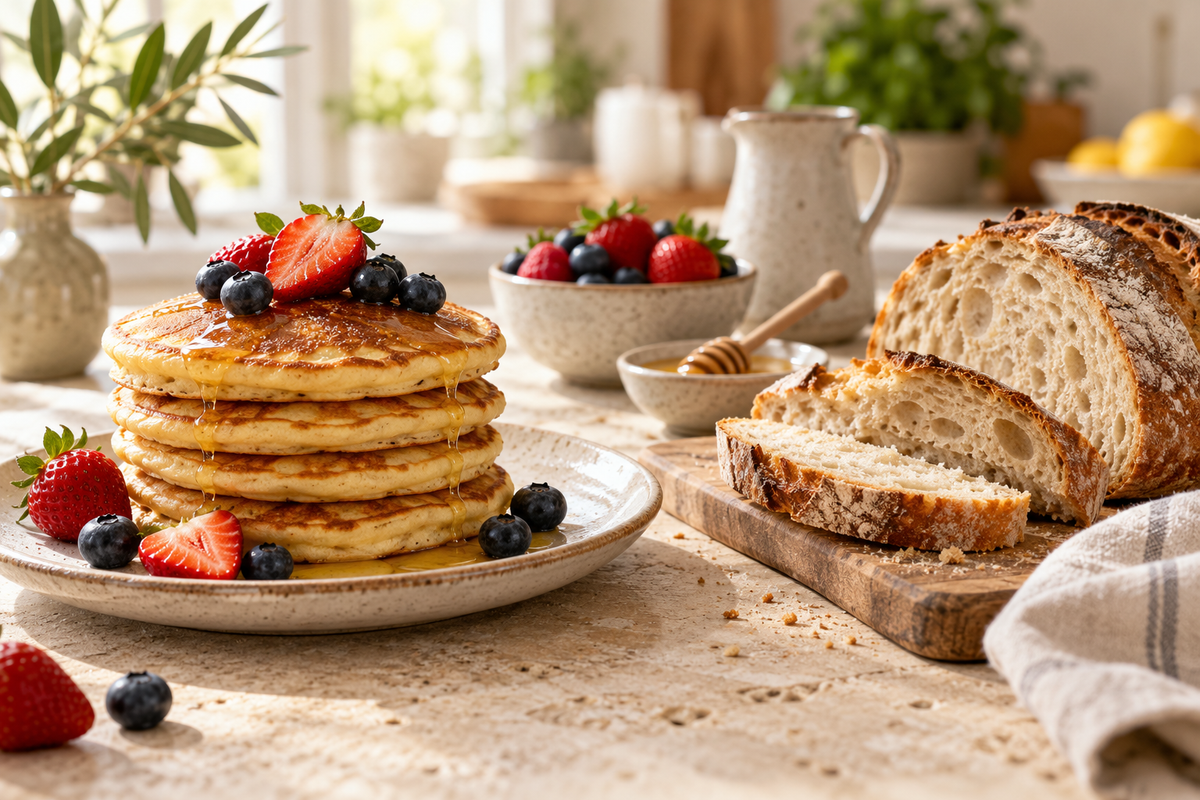 Hausgemachte Pancakes und frisch geschnittenes Brot