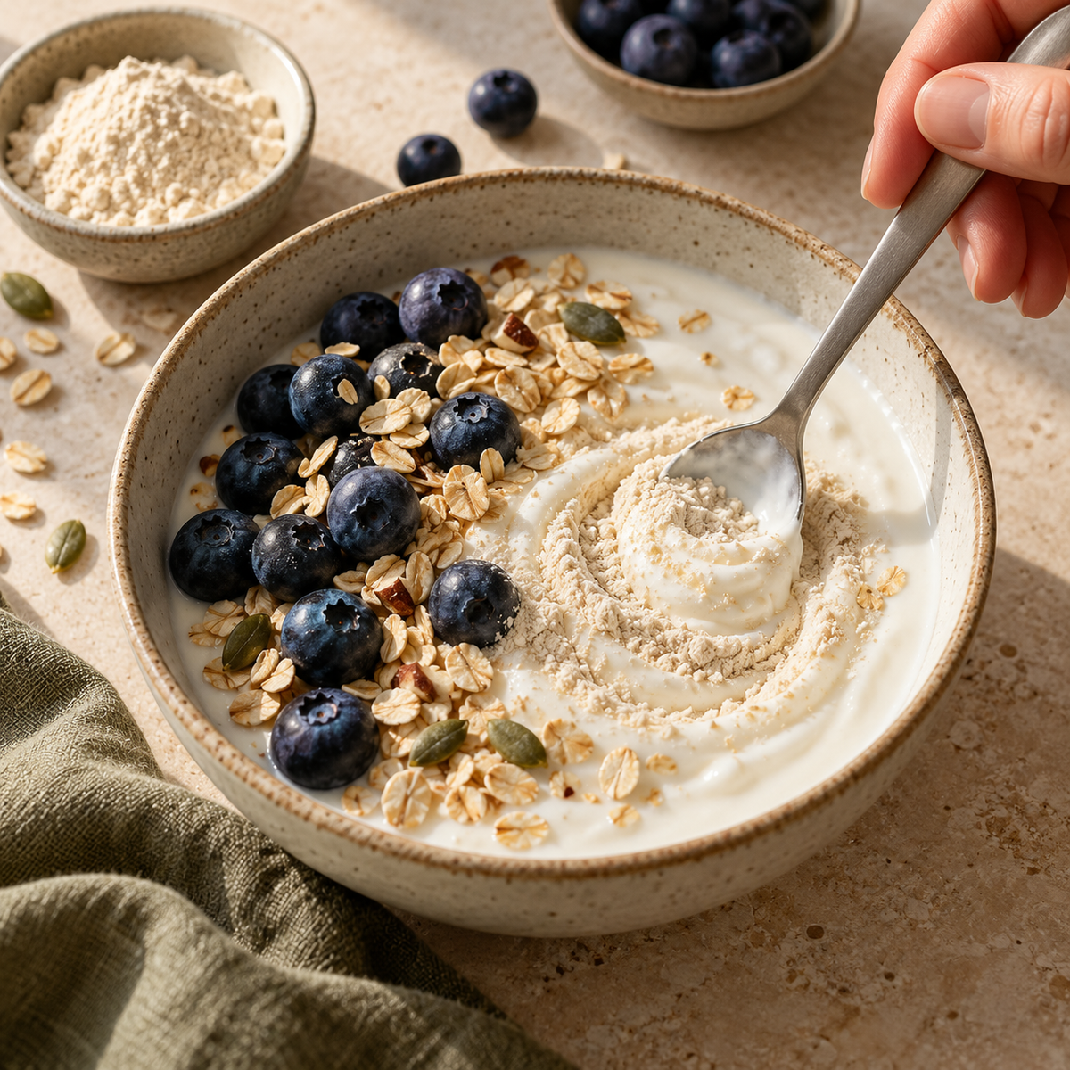 Joghurt mit Blaubeeren, Haferflocken und eingerührtem Pulver