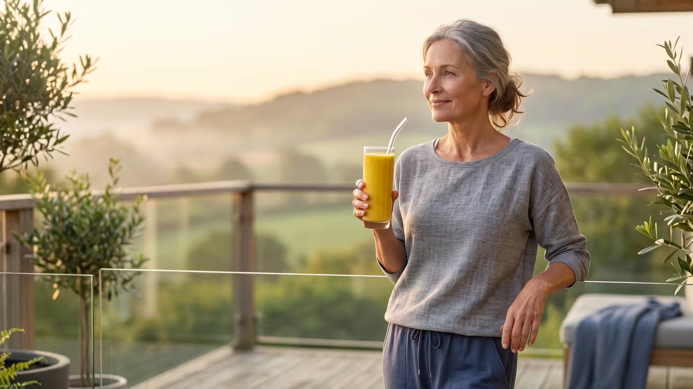 eine ältere Frau trinkt einen Kwint Smoothie aus Mango. Sie steht auf einer Dachterrasse und blickt in die Ferne.